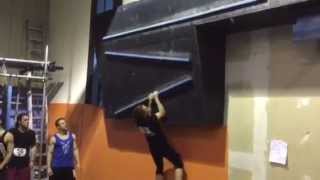 Michelle Warnky doing the Ultimate Cliff Hanger at Alternate Routes-Jan 2015