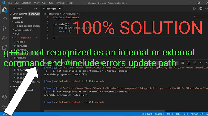 g++ is not recognized as an internal or external command and #include errors detected Update path.