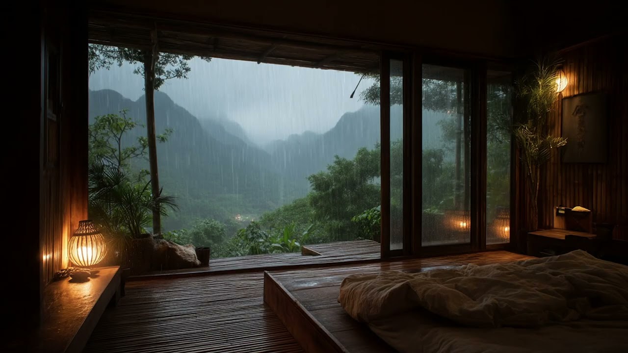 Thunder Rain in a Wooden Mountain House, Soft Piano, Nature Storm Ambience for Sleep & Inner Peace