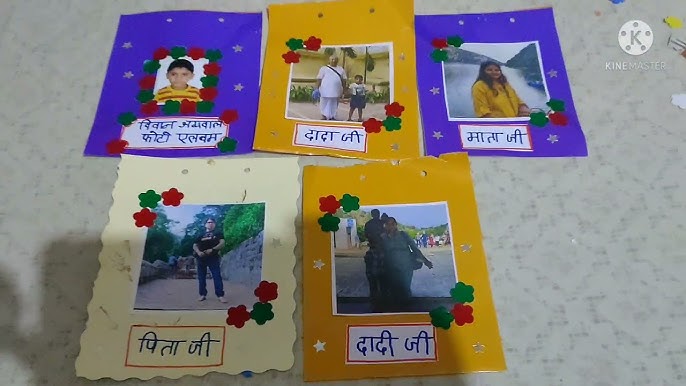 Preschool children creating colorful family photo albums with decorative elements