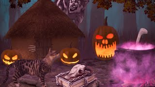 Witch's Spooky Halloween Forest Ambience 🎃🐺 Boiling Cauldron, Thunders, Fire, Cat, Werewolves, Crows