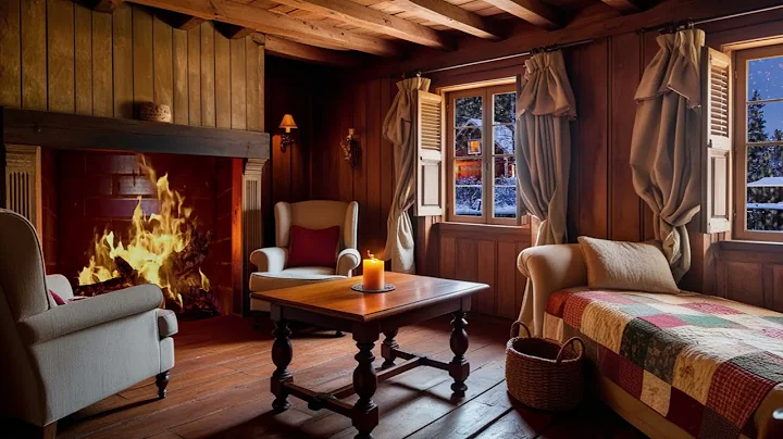 Snow Storm and Breathtaking View from the Bed in a Cozy Cabin, Crackling Fire & Wind Sound - Winter