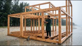Building a Hidden Beach Survival cabin During Heavy Rain | Offgrid Living | Bushcraft Survival | diy