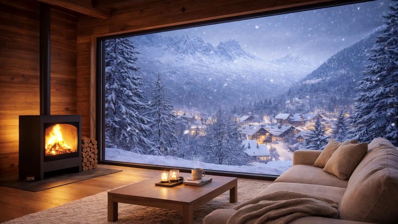 Peaceful Winter Night  Cozy Fireplace & Snowy Cabin View