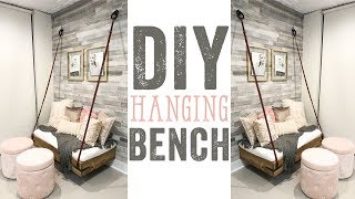 Build this custom DIY Faux Hanging Bench! Click below for the free plans, links to the mattress we used, hardware and all of the 