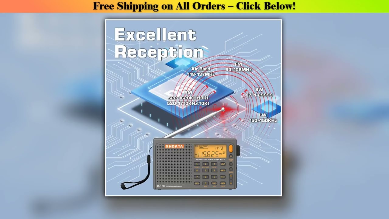 XHDATA R-108 Portable Radio AM FM SW LW Airband DSP Multiband Receiver with Rechargeable Battery