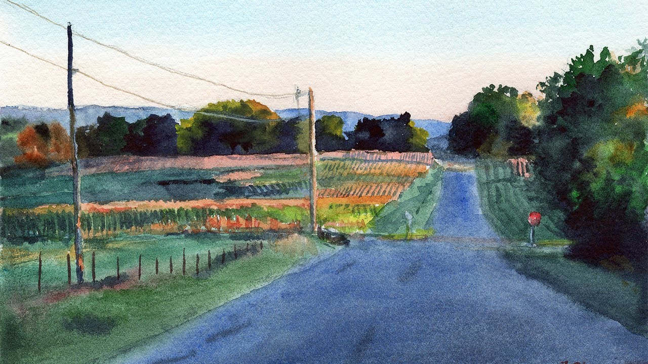 Country Road Watercolor Landscape Painting Demonstration