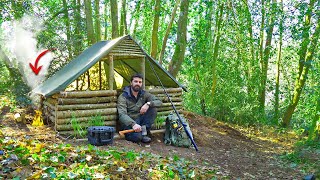 SURVIVAL SHELTER WITH FIREPLACE  2 Days Solo Bushcraft in the woods!