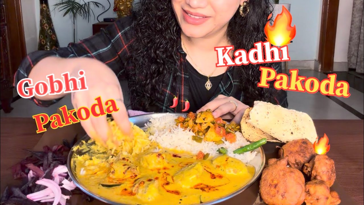 Eating Spicy🔥Kadhi Pakoda😋with Rice, Mix-Veg, Gobhi Pakoda, Salad & Papad🔥