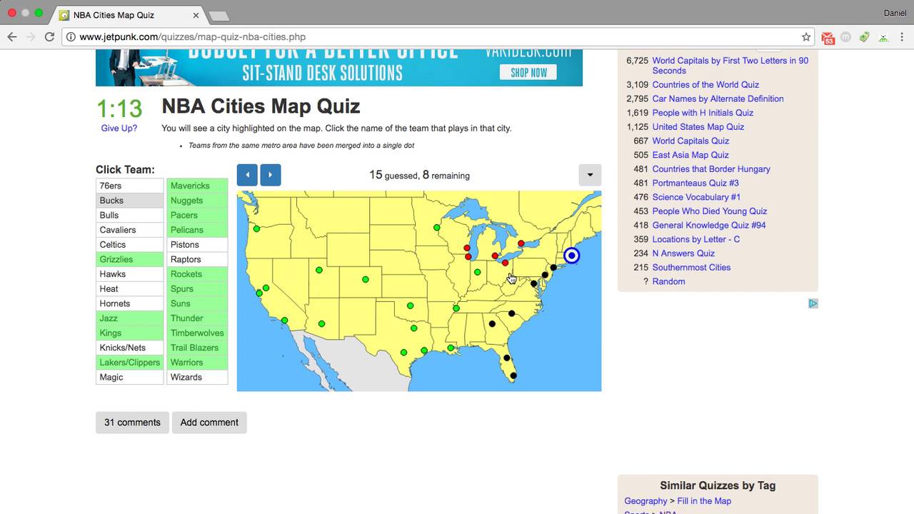 NBA Cities Map Quiz