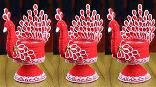 DIY Peacock Design Showpiece - Showpiece Making From Woolen & Plastic Bottle - Woolen Craft Idea