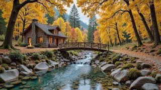 Perfect Autumn Piano Music Riverside Cabin 🍂 Forest Sounds, Campfire to Relax, Study