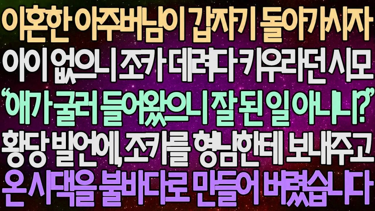 (반전 사연) 이혼한 아주버님이 갑자기 돌아가시자 아이 없으니 조카 데려다 키우라던 시모 황당 발언에, 조카를 형님한테 보내주고 온 시댁을 불바다로 만들어 버렸습니다 /사이다사연