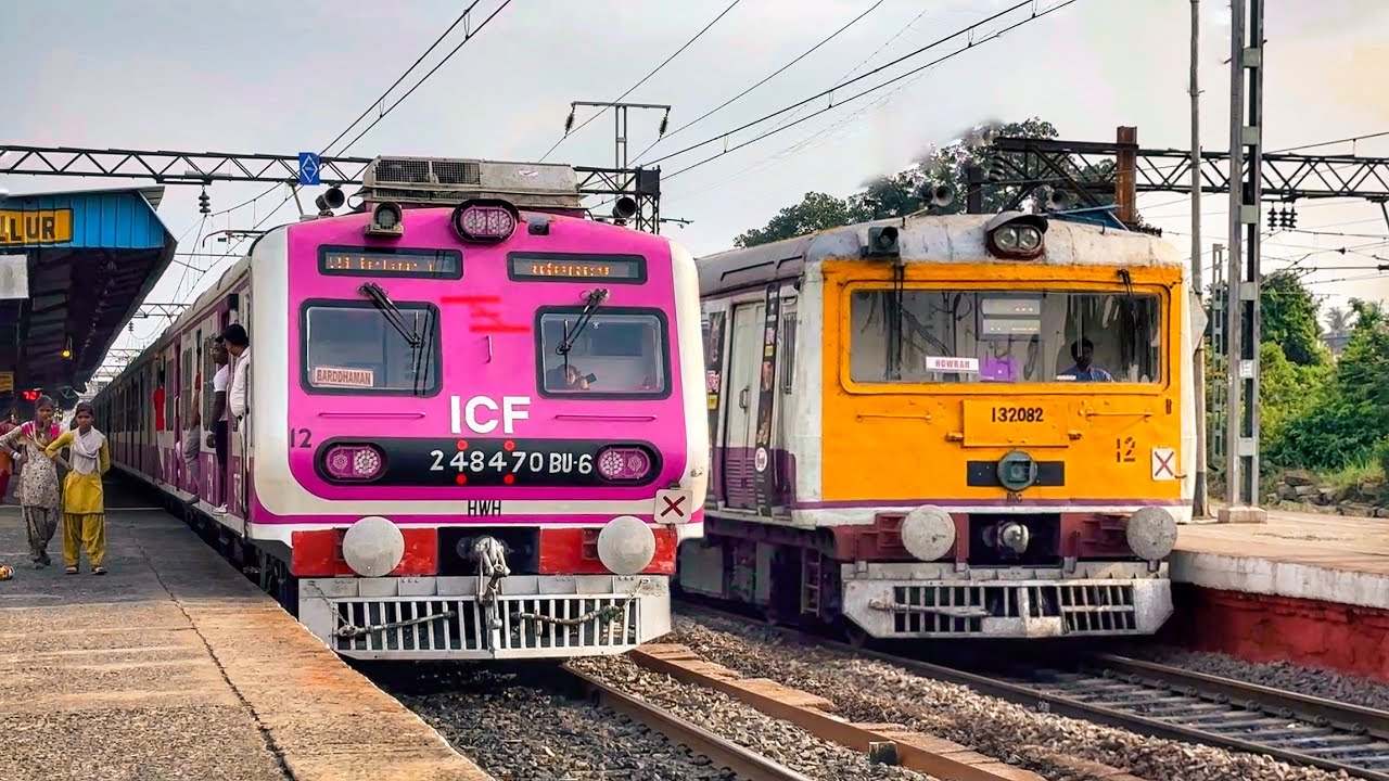 Perfect Pink Local train gadi crossing action with conventional EMU local train.