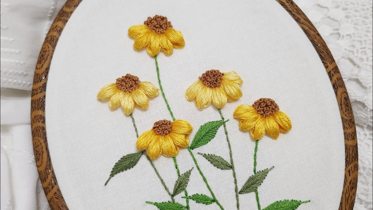 [프랑스자수] 잎을 통통하게 표현한 루드베키아 자수(도안 제공) / flower embroidery(free pattern)