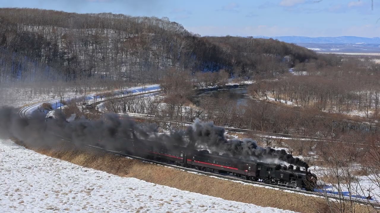 釧網本線 釧路湿原〜細岡（仮監踏切プチ俯瞰）9380レ SL冬の湿原号 C11+14系