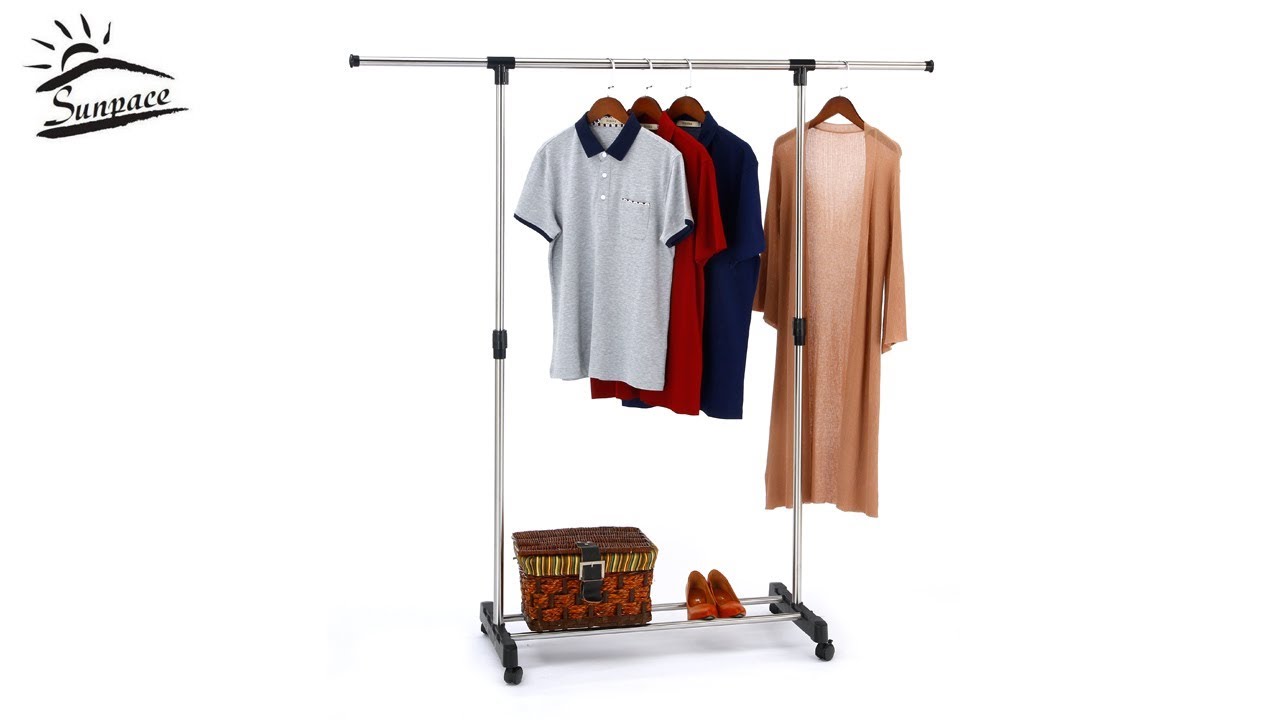 SUNPACE Single Rod Stainless Steel Adjustable Rolling Garment Rack  Extendable Clothes Hanging Rack