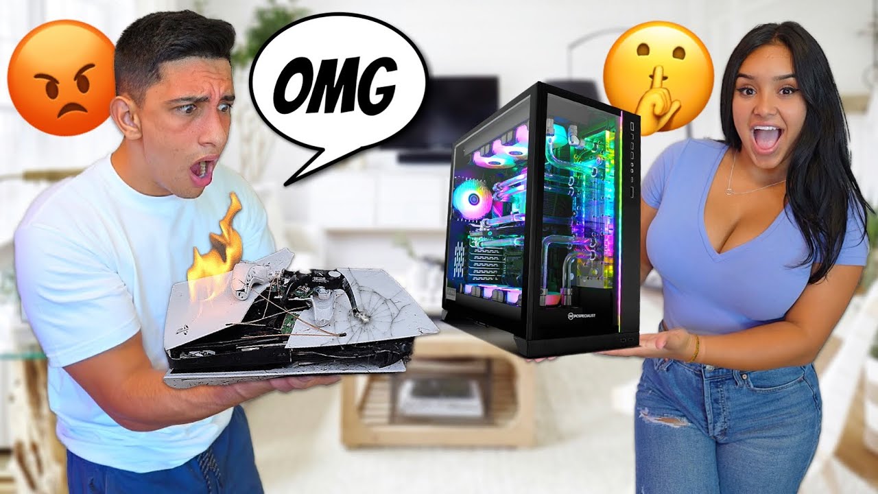 DESTROYING My Boyfriends PS5  Surprising Him With A 5000 Gaming PC He Freaked