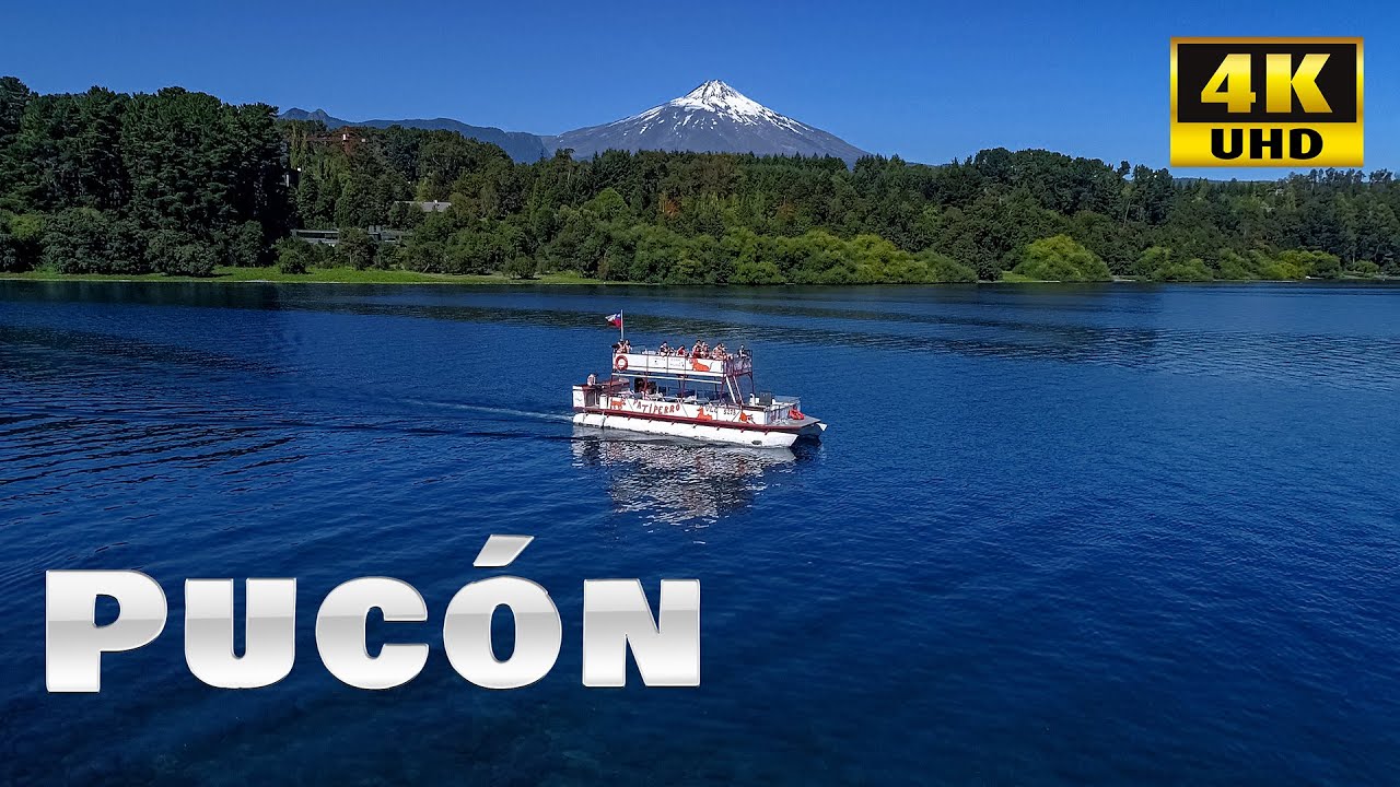 Pucón Vacaciones en el Lago y Volcán Villarrica Araucanía Sur de Chile 4K Vista Aérea Drone Temuco