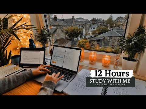 12 HOUR STUDY WITH ME on A RAINY DAY⎢ Background noise, 10 min Break, No music, Study with Merve