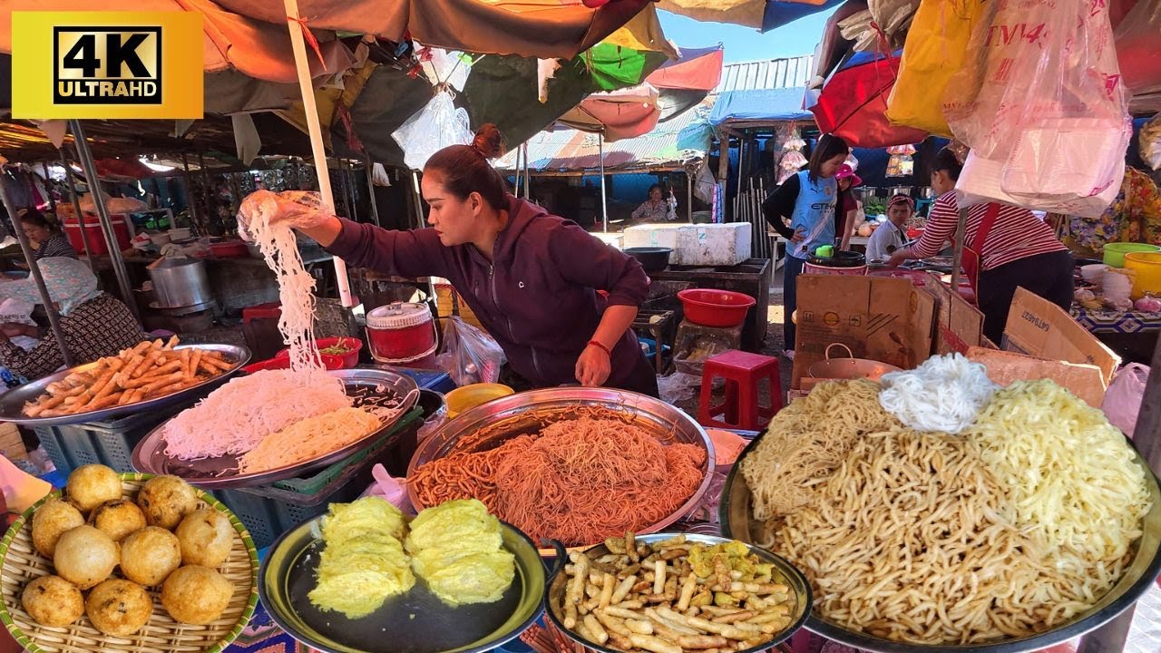 Rural Street Food & Fresh Local Market  Vegetables, Meat & Fish in Cambodia