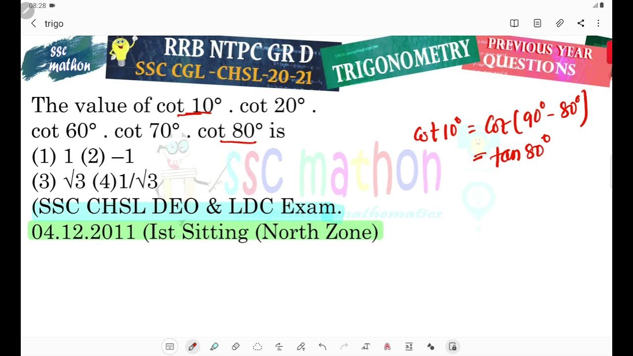 The value of cot 10° . cot 20° .cot 60° . cot 70° . cot 80° is YouTube