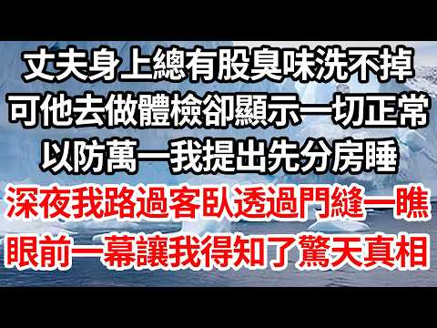 丈夫身上總有股臭味洗不掉，可他去做體檢卻顯示一切正常，以防萬一我提出先分房睡，深夜我路過客臥透過門縫一瞧，眼前一幕讓我得知了驚天真相【倫理】【都市】