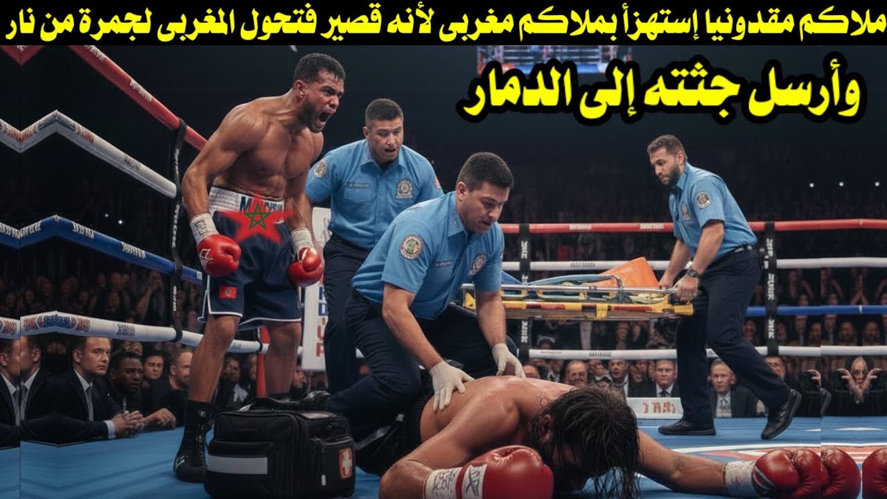 ملاكم مقدونيا إستهزأ بملاكم مغربى لأنه قصير فتحول المغربى لجمرة من نار وأرسله بضربة قاضية إلى الدمار