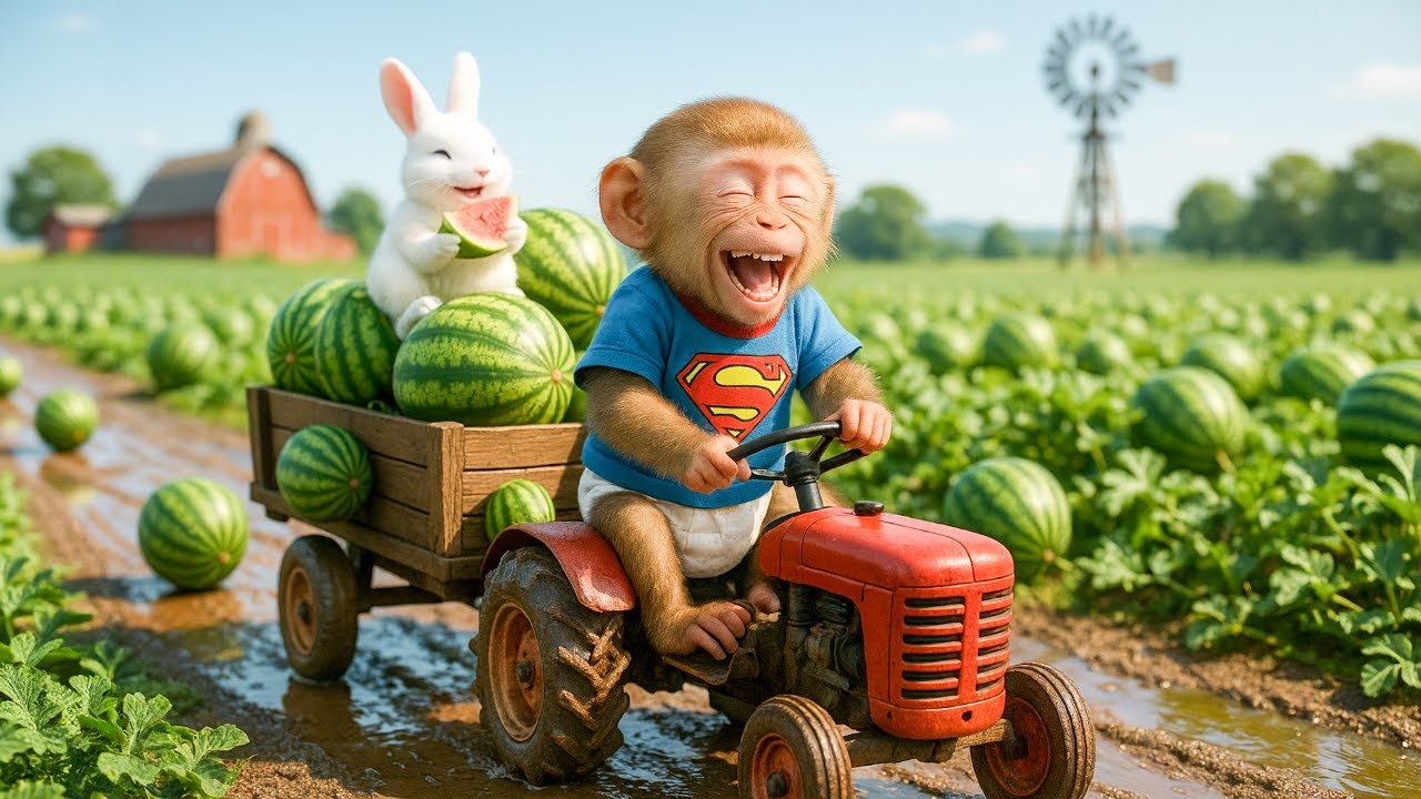 Monkey Ride Tractor Baby Monkey Drives a Red Tractor to Harvest Ripe Watermelons! - Monkey ...