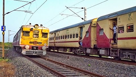Parallel Trains Crossing in Big Curve | Speedy EMU Local Train crossing Howrah-Malda Intercity Exp