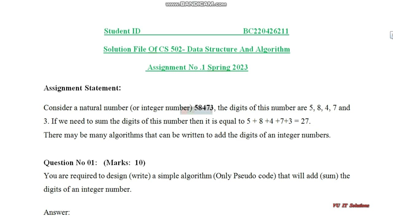 CS 502  Fundamentals Of Algorithm, 1st Assignment Solution, Mid Term Preparation by VU IT Solutions