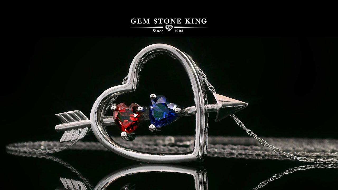 Gem Stone King Necklace in 925 Silver: Customized 2 Heart-Shaped Birthstones, 18-Inch Silver Chain
