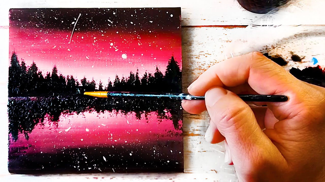 איך לצייר באקרליק שקיעה מטורפת בורוד זוהר- בלי ניסיון בציור! אקריליק למתחילים- כל אחד יכול! 🎨 2020