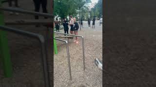 Man Loses Balance During Handstand Push-Up On Parallel Bars