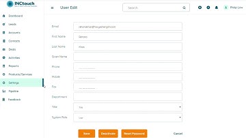 Inctouch CRM Reset User password