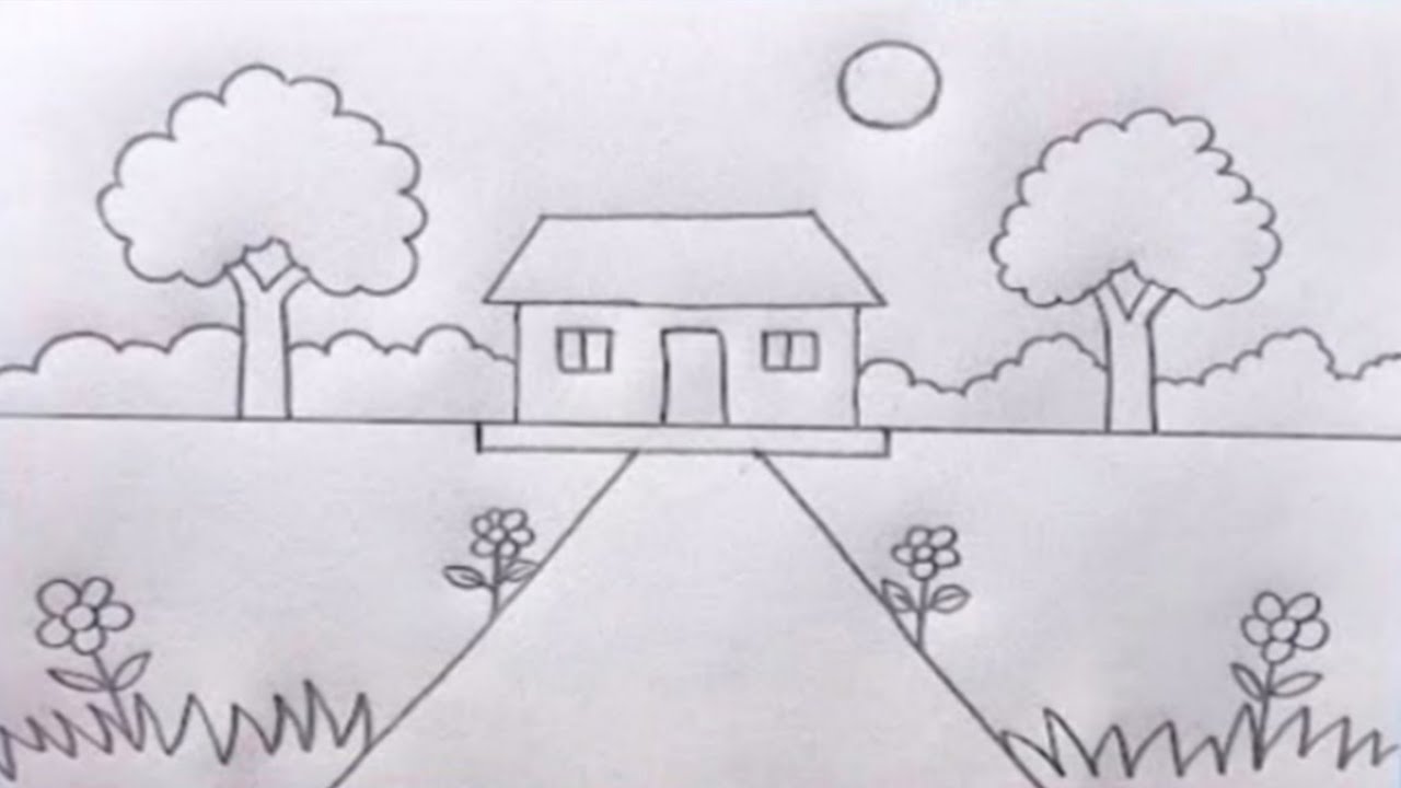 Easy House Scenery Drawing Step by Step | Simple Village House Drawing | Simple House Scenery Draw