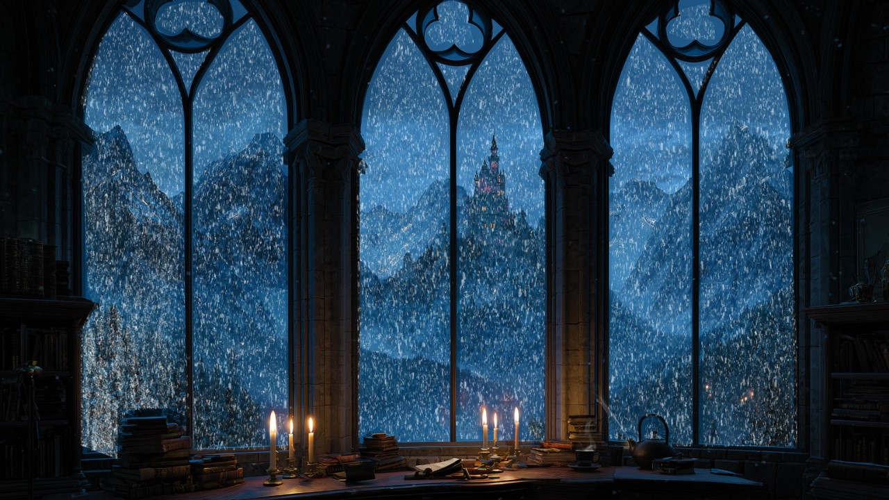 4K Snowy Castle Window View ❄ Night Ambience for Deep Sleep, Meditation & Relaxation