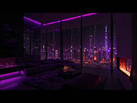 Purple Rainstorm Night with Thunder in NYC 🌆⚡ Cozy Living Room & Fireplace Ambience for Deep Sleep