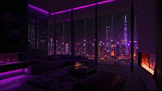 Purple Rainstorm Night with Thunder in NYC 🌆⚡ Cozy Living Room & Fireplace Ambience for Deep Sleep