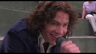 Patrick trying to serenade Kat.  10 Things I Hate About You (1999). Heath Ledger, Julia Stiles.
