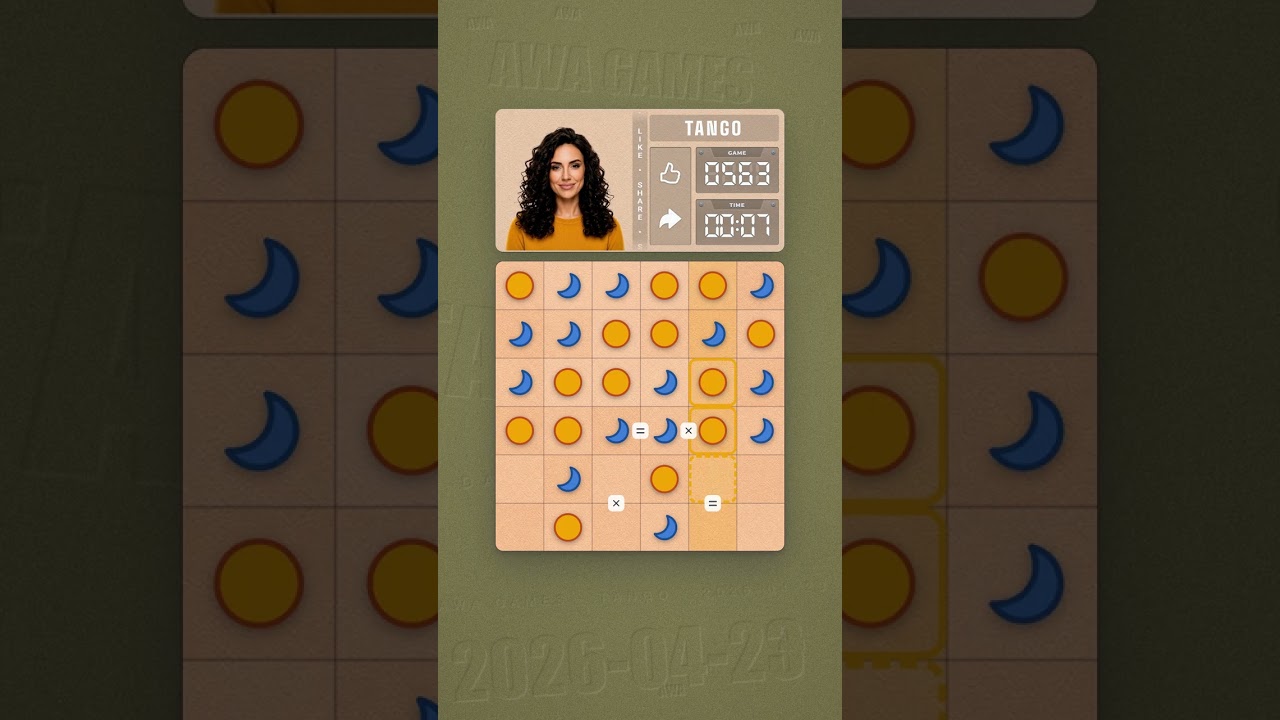 LinkedIn Tango #563 solved board for April 23, 2026, 6x6 grid