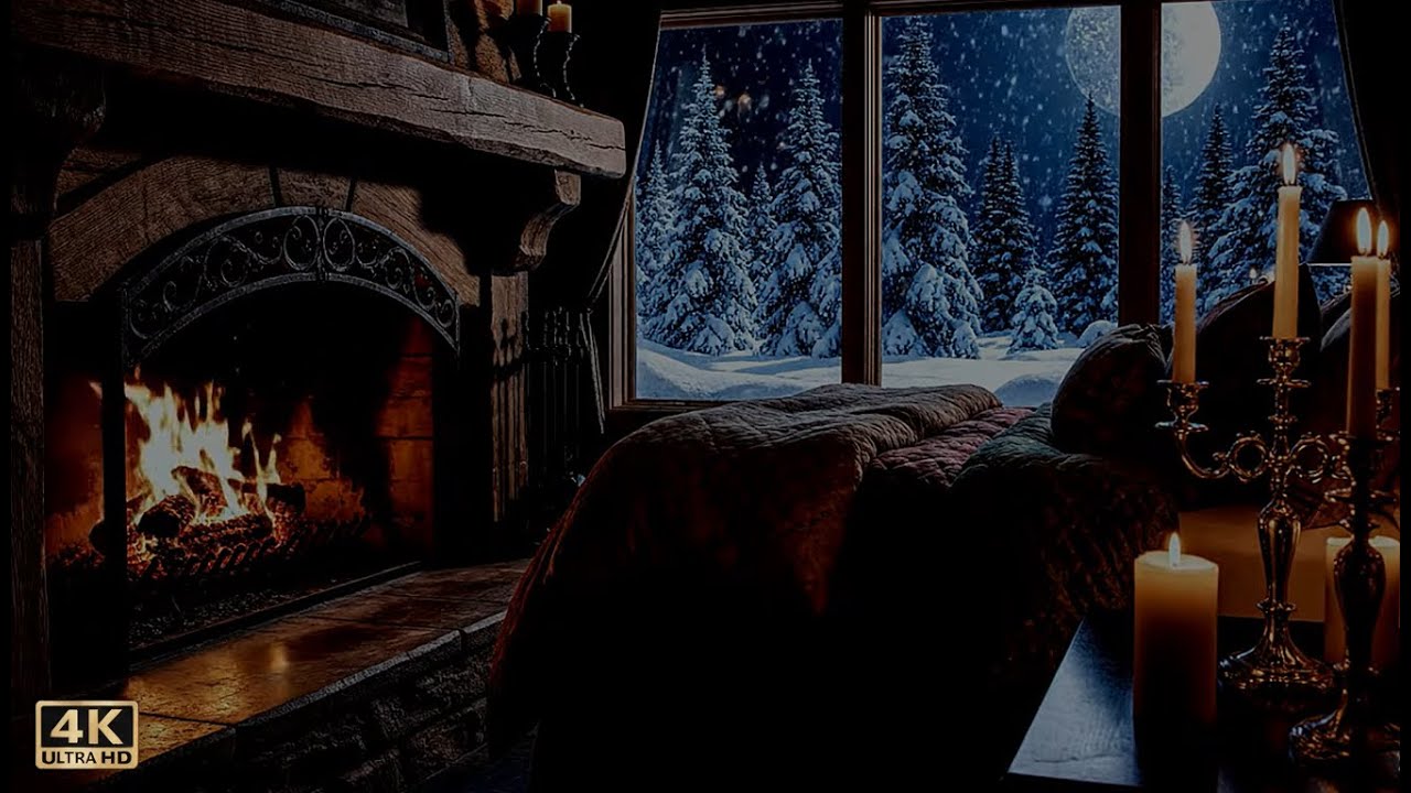 Cozy Cabin Ambience for Deep Sleep 🌙 Snow ❄️, Fireplace & Moonlight (10 HOURS 4K)