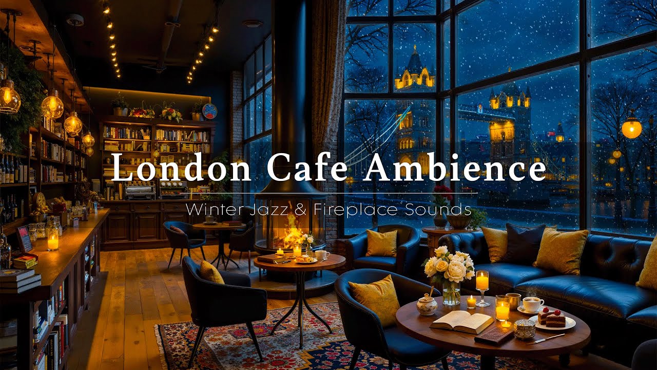 London Cafe Ambience on Cozy Winter Night ☕ Smooth Jazz Instrumental & Fireplace Sounds for Unwind