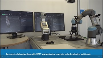 Two-robot collaborative demo with MQTT synchronization, computer vision localization and G-code.