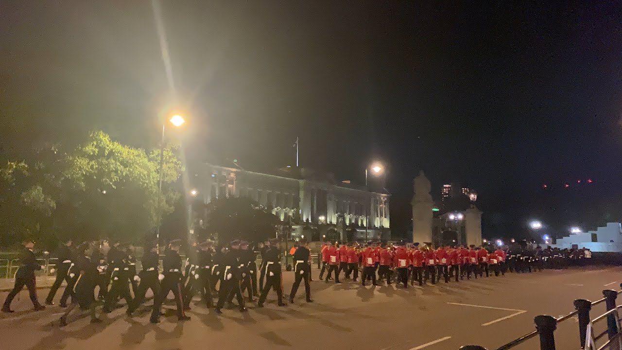 Troops Leave Wellington Barracks at Midnight coronation Rehearsal