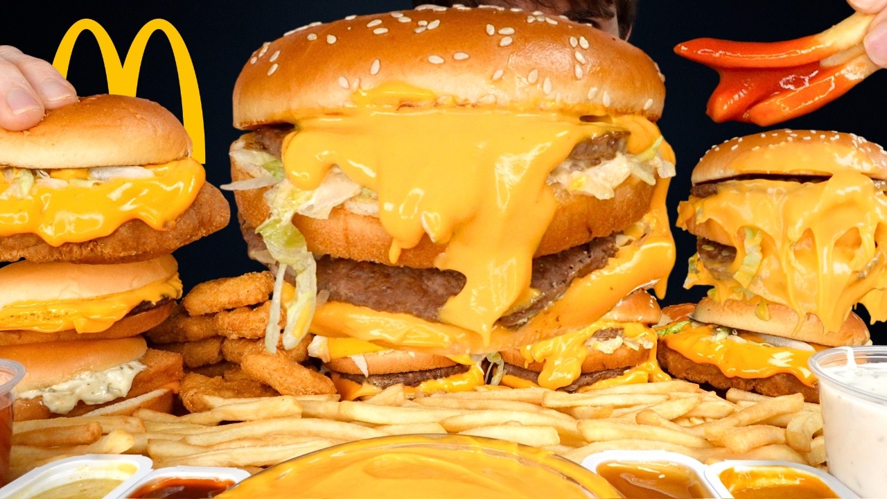 ASMR MUKBANG EXTRA CHEESE MCDONALDS BIG MAC BURGERS CRISPY CHICKEN NUGGETS & FRIES | WITH CHEESE