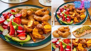 Battered Prawns, Grilled salmon, oven cooked wedges and a strawberry tomato salad.