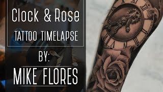 Realistic Clock and Rose tattoo time lapse - Mike Flores