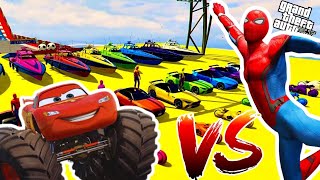CARS AND MOTORCYCLES WITH SPIDER-MAN AND SUPERHEROES! Super Cars and COPTER Challenge on the Ramp