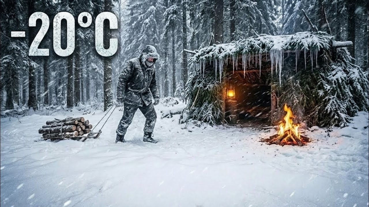 Primitive Shelter in Deep Snow | Solo Winter Bushcraft Survival Challenge